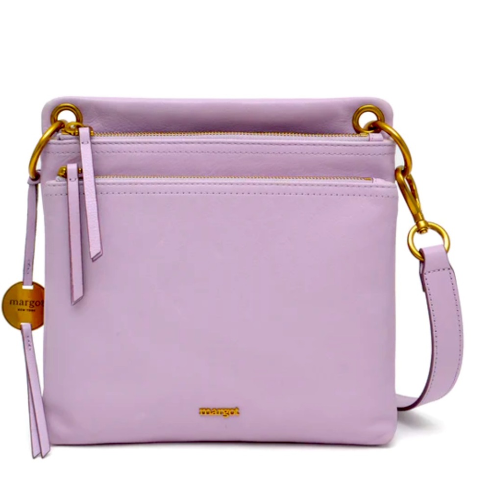 New MARGOT Allie Lavender Leather Crossbody Brushed Gold Hardware 5 Pocket Bag